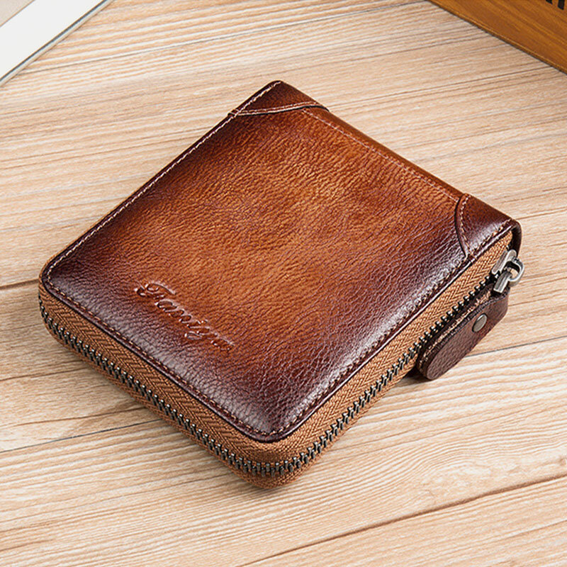 Men First Layer Cowhide RFID Anti-magnetic Zipper Wallet Short Bifold 7 Card Slot Card Case Driver License Wallet