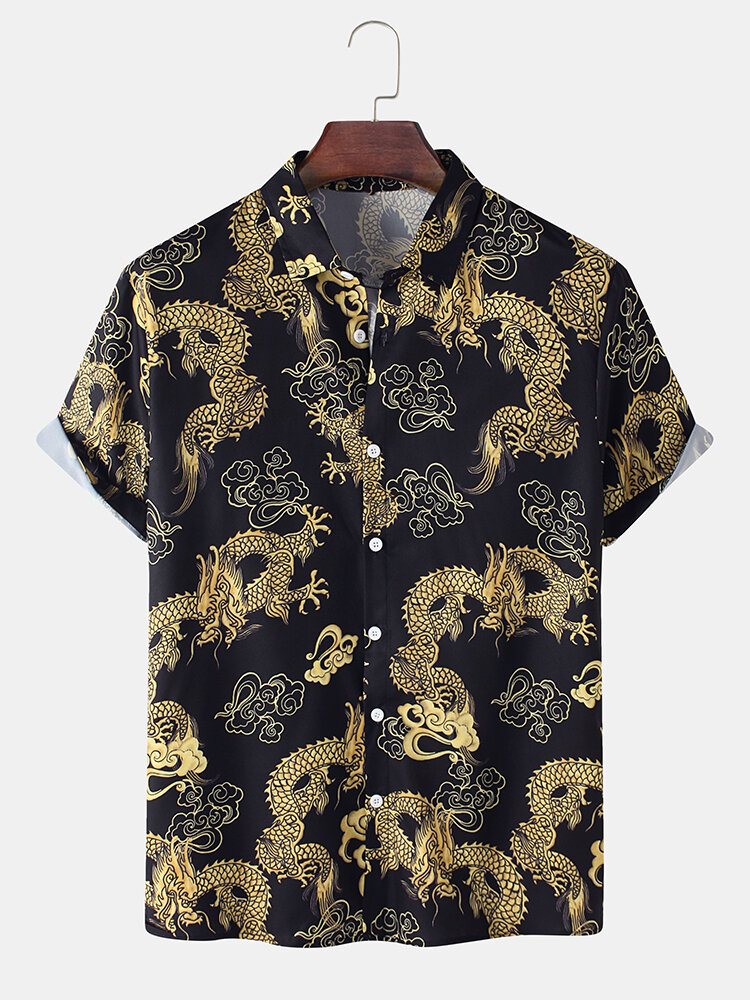 Heren etnische stijl Dragon Print Button Up katoenen casual shirts met korte mouwen