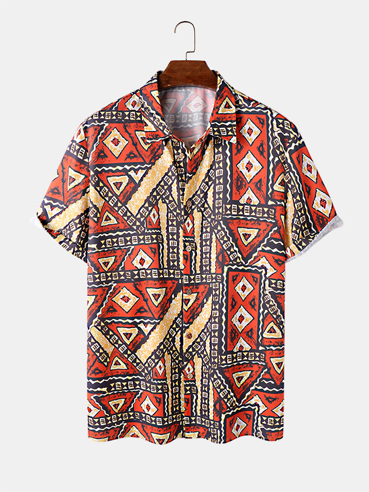 

Mens Allover Ethnic Geometric Print Lapel Short Sleeve Shirts