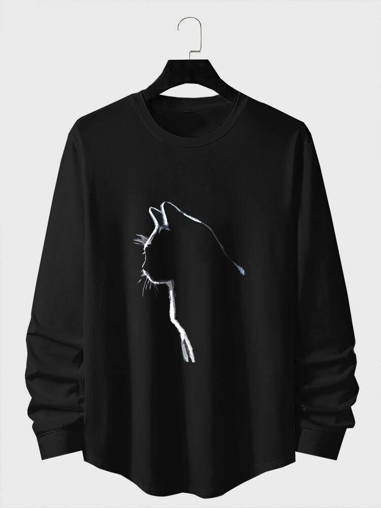 

Mens Cat Graphic Crew Neck Curved Hem Long Sleeve T-Shirts