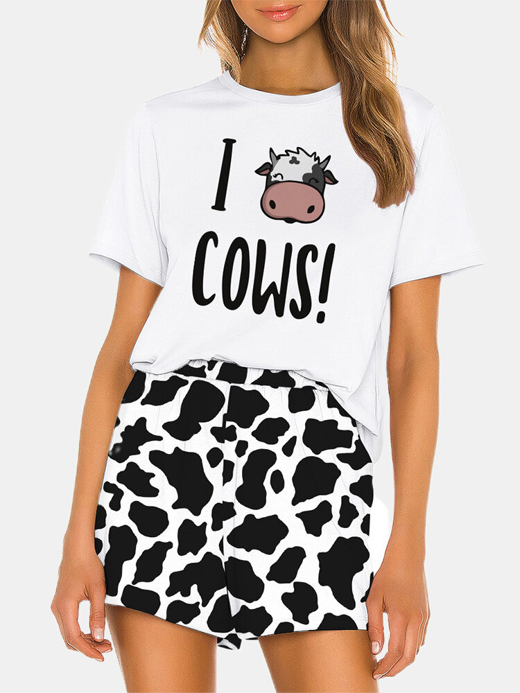 

Women Cute Cartoon Cows Print Loose Short Sleeve Casual Pajama Set