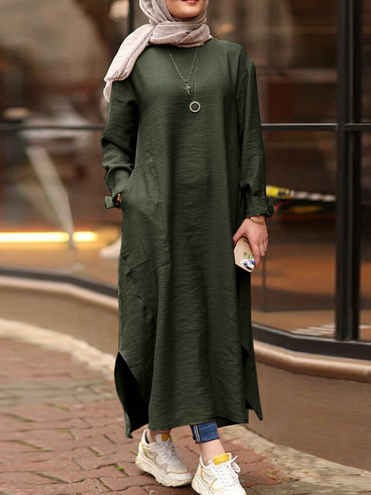 Solid Color O-neck Long Sleeves Splited Robe Kaftan Pocket Casual Maxi Dress Army Green Size M