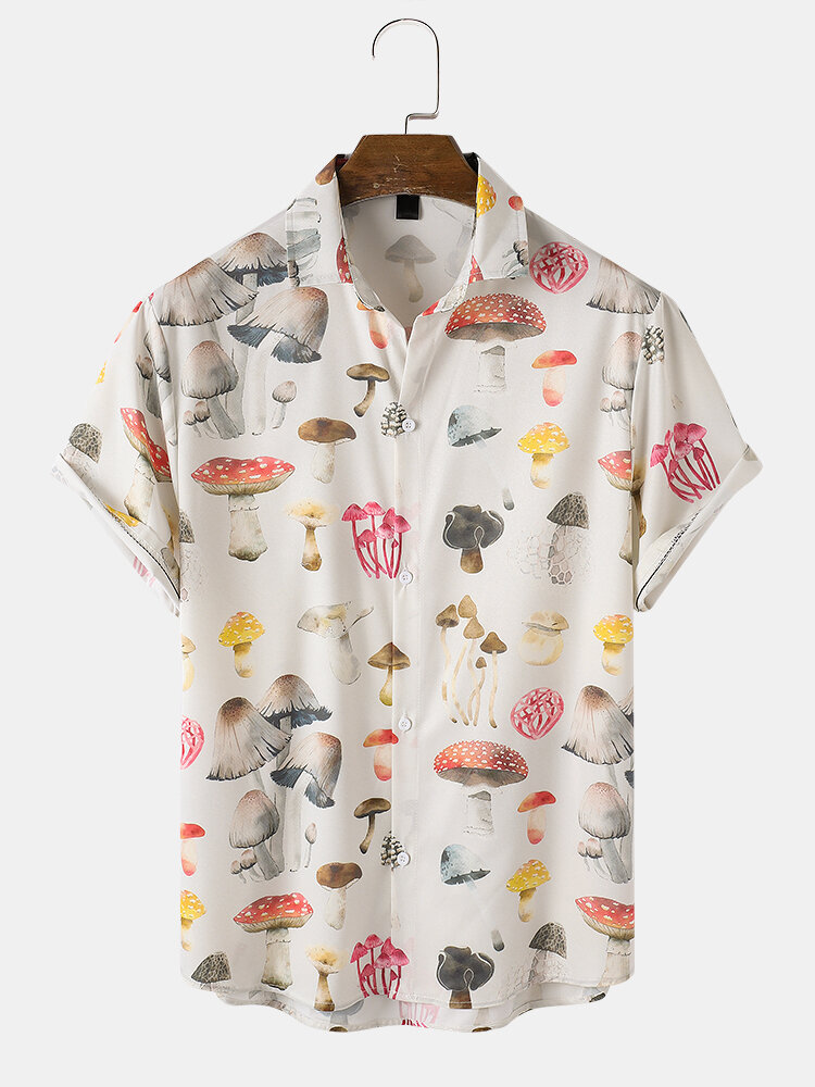 

Mens Mushroom Pattern Print Button Front Community Spirit Short Sleeve Shirt