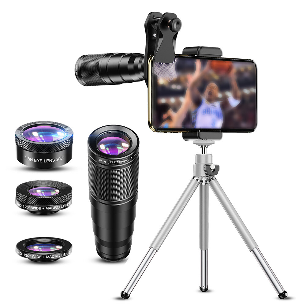 

APEXEL 4 in 1 HD Phone Lens Kit Telephoto Zoom Monocular Telescope 22X Lens Macro Wide Fisheye Lens with Tripod