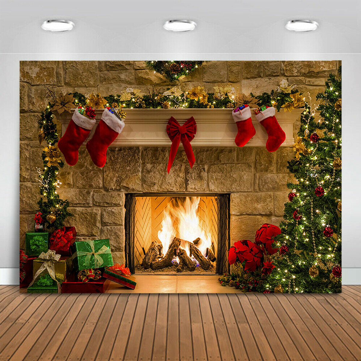 5x3FT 7x5FT 10x7FT Christmas Fireplace Red Socks Backdrop Photography Background Cloth Decoration Ba