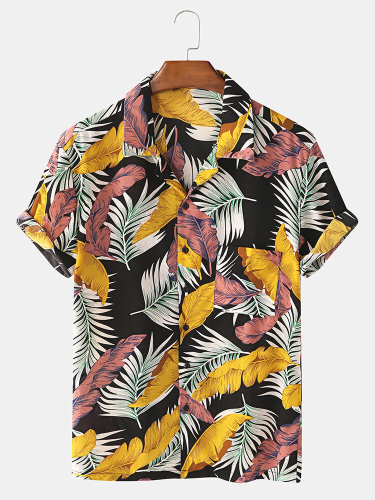 Image of Herren Colorful Tropische Pflanzenbltter drucken Brusttasche Holiday Beach Kurzarmhemden