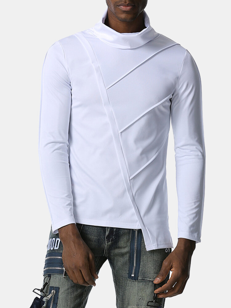 Mens Simple Solid Color High Neck Asymmetrical Hem Long Sleeve T-Shirts