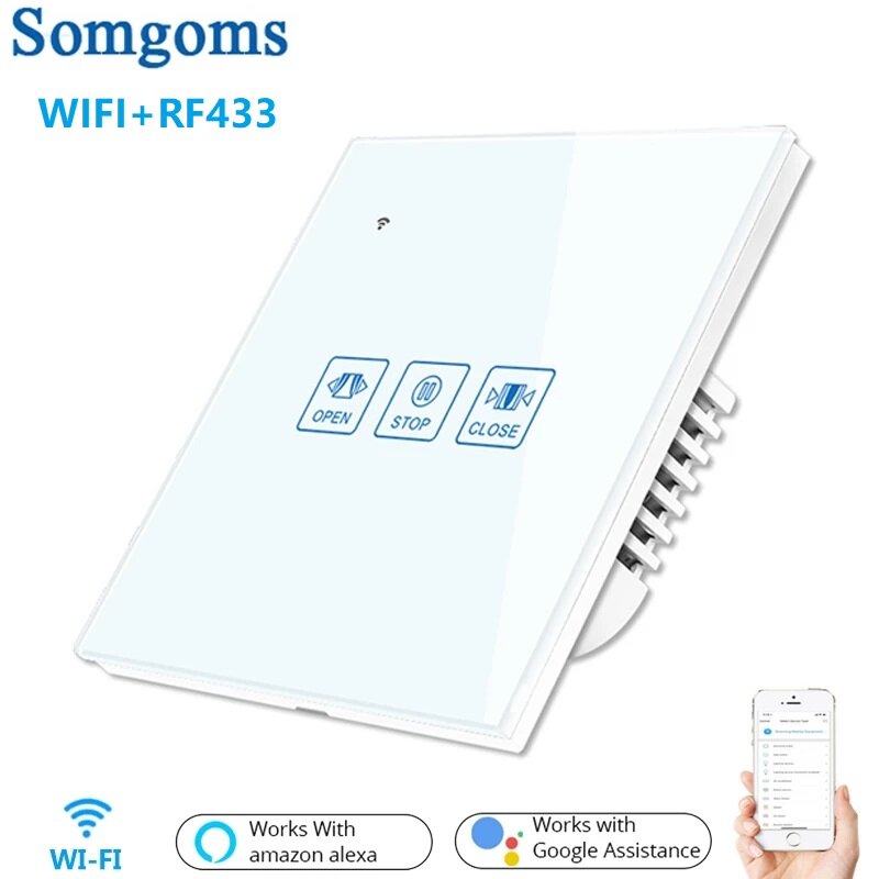 

Somgoms Tuya WiFi+RF Curtain Touch Wall Switch Crystal Panel Electric Motorized Blinds Smart Switch Remote Control Works