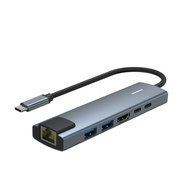 6 in 1 Type-C HUB-dockingstation met RJ45/USB3.0/USB2.0/HDMI/Type-C/PD PD 100W voor HUAWEI Lenovo Ma