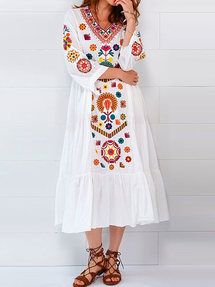 Etnische vrouwen V-hals, lange mouwen, bloemenprint, vakantie Boheemse geplooide maxi-jurk