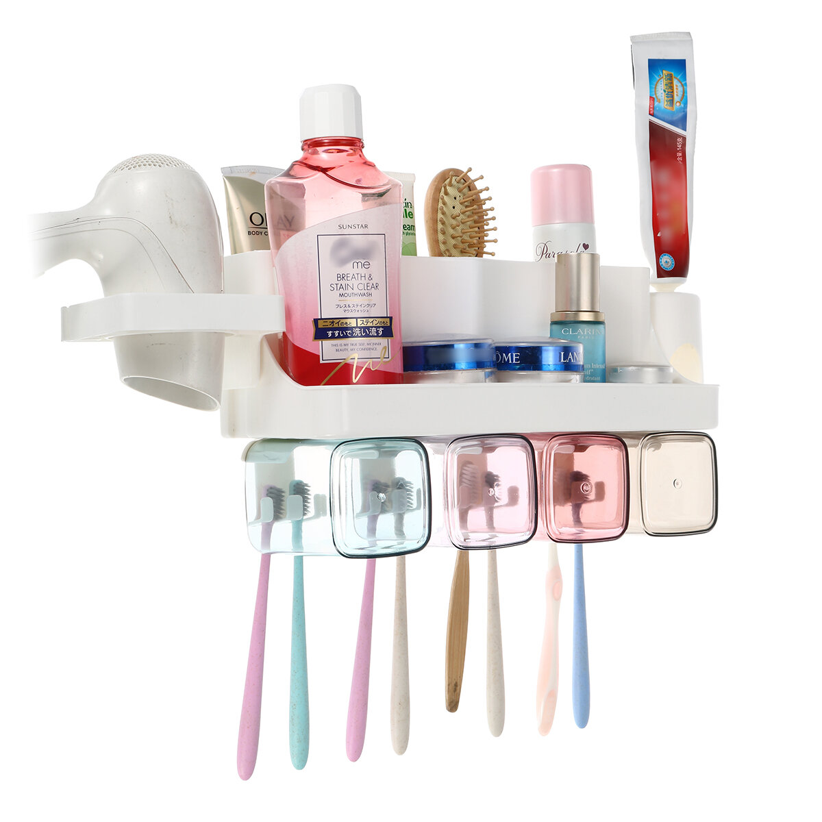 Toothpaste Holders Toothbrush Rack Wall-Mounted Space-Saving Toothbrush Toothpaste Squeezer Kit With