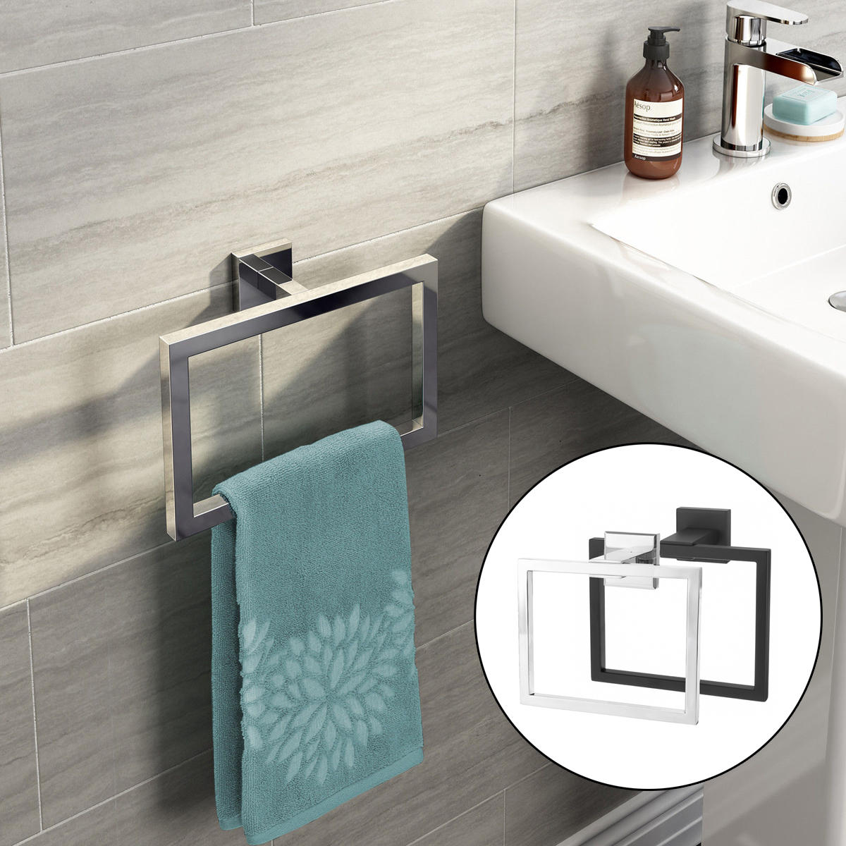 Chrome Modern Bathroom Wall Accessories Square Handdoekring Houderrek