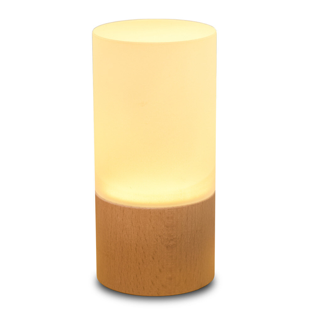 Imagen de Pequeña lámpara de mesa de madera con LED, luz nocturna para la mesita de noche del dormitorio, iluminación LED regulabl