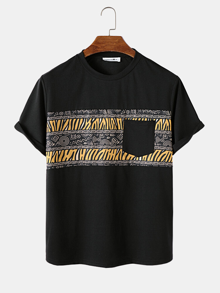 Mens Tribal Geometric Print Patchwork Pocket Short Sleeve T-Shirts