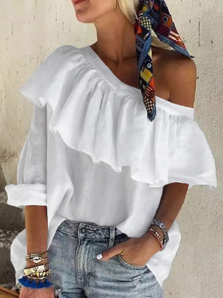 Solid Color Ruffles Irregular One Shoulder Holiday Daily Casual Blouse For Women