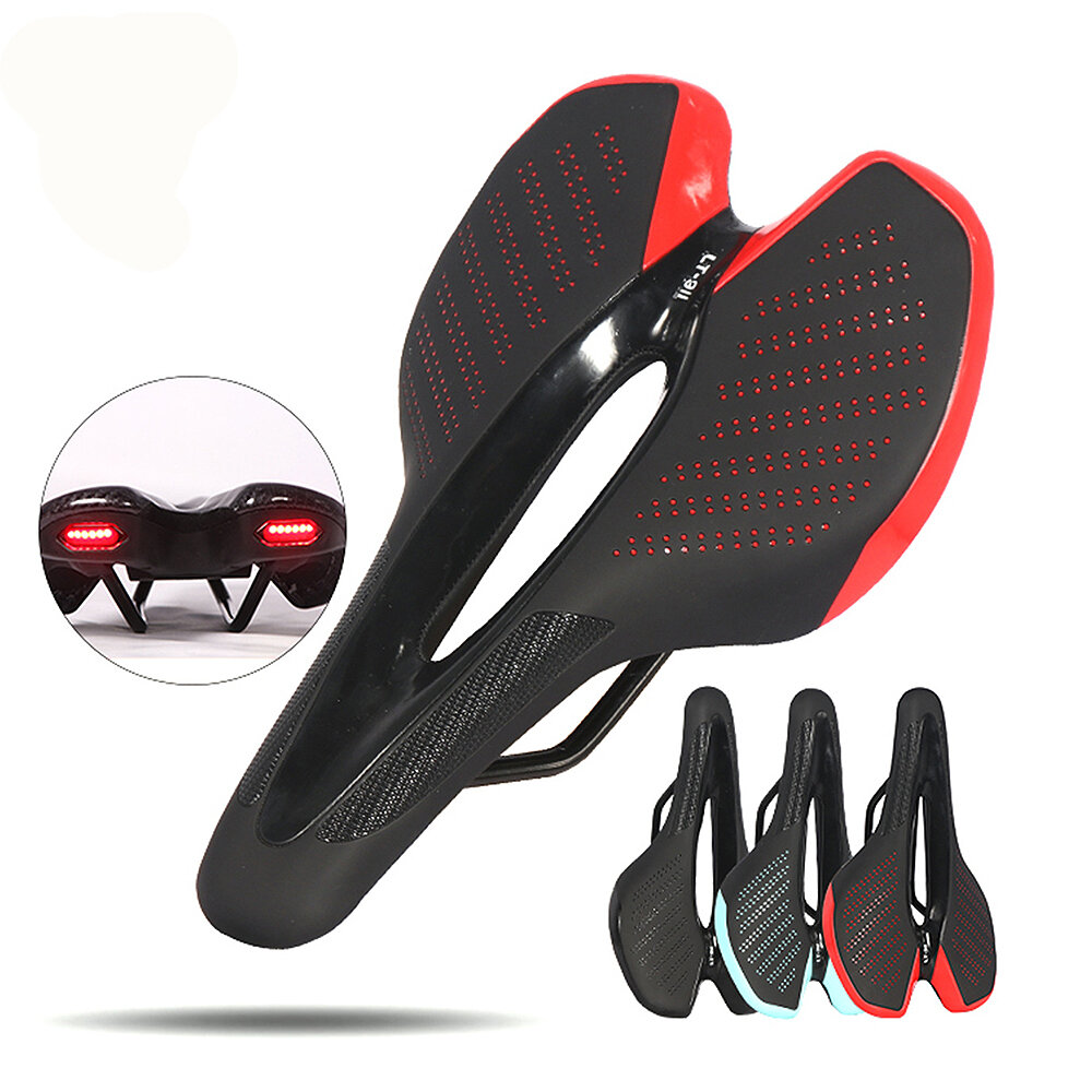 

Road Bike Saddle MTB Bicycle Seat With Mountain Cycling Racing Warning Taillight USB Charging PU Breathable Soft Seat Cu