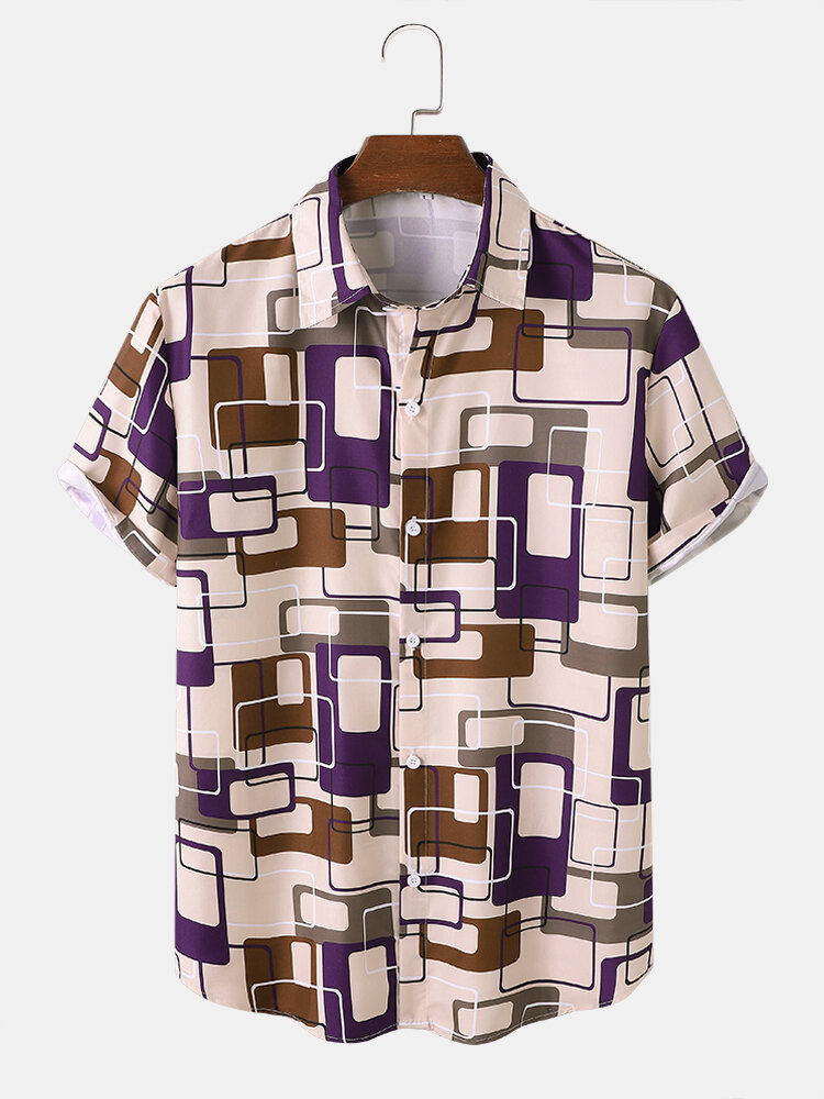 Mens All Over Geometric Print Button Up Daily Short Sleeve Shirts