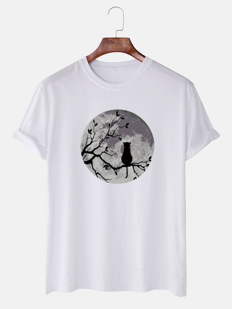 Mens grappige maan en kat grafische bedrukte casual ademende T-shirts met korte mouwen