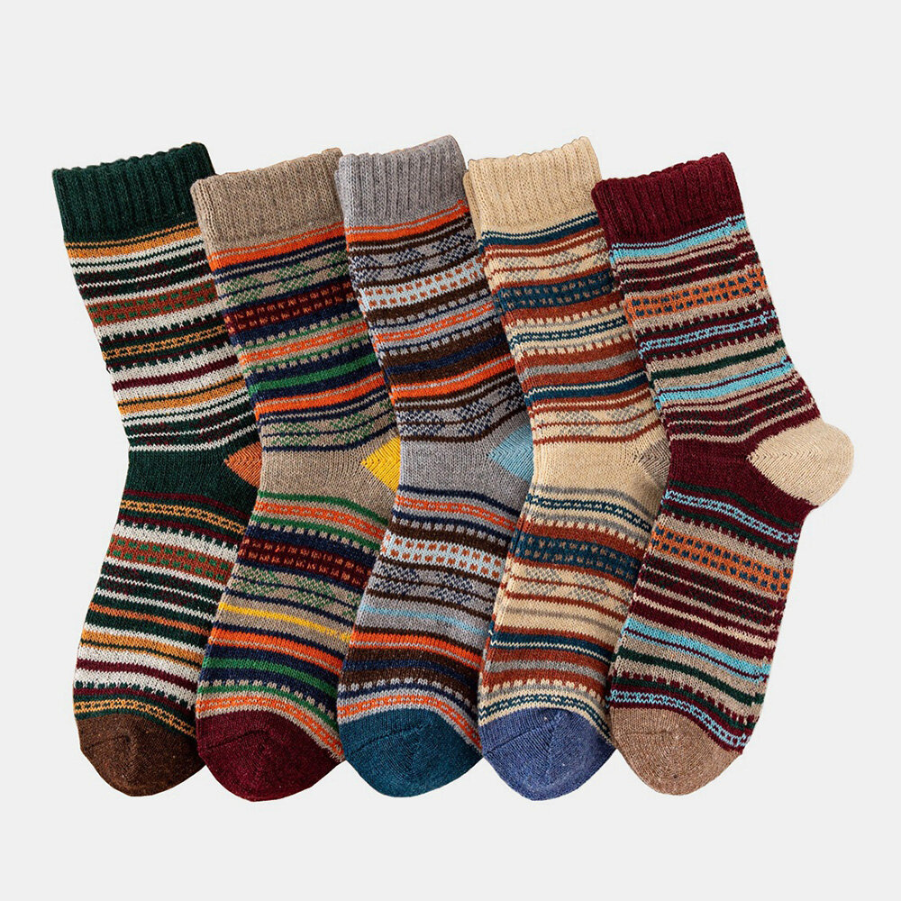 5 Pairs Men Rabbit Fur Wool Blend Geometric Striped Jacquard Color-match Thicken Warmth Socks