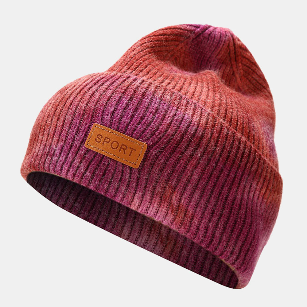 Unisex Core-spun Yarn Elastic Knitted Tie-dye Hat Fashion Casual Letter Label Autumn Winter Warmth Brimless Beanie Hat L