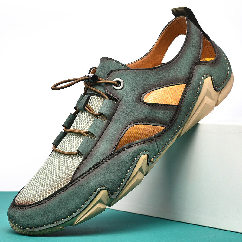 Heren mesh splicing comfy antislip Soft elastische veter handgestikte casual schoenen