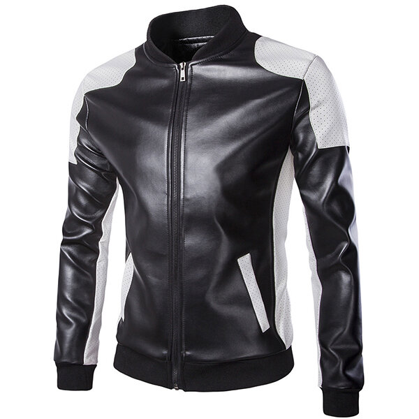 

Мужская кожа PU Fashion Black White Stitching мотоцикл Куртка для бейсбольной куртки для байкеров