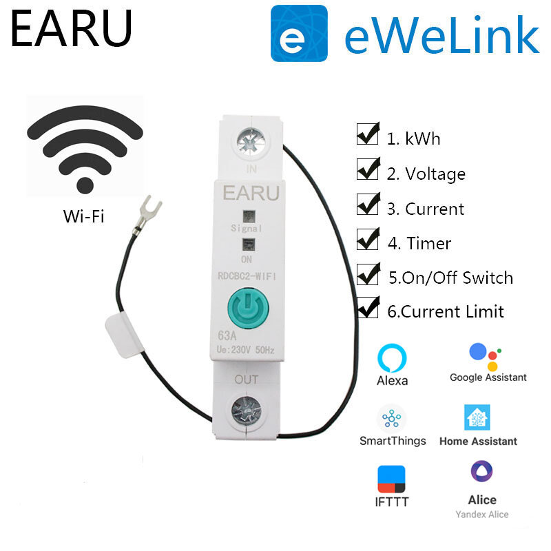EARU 1P Smart WIFI Energy Circuit Breaker Meter Power Consumption kWh Meter Timer Switch Relay Voltmeter Works With Alex