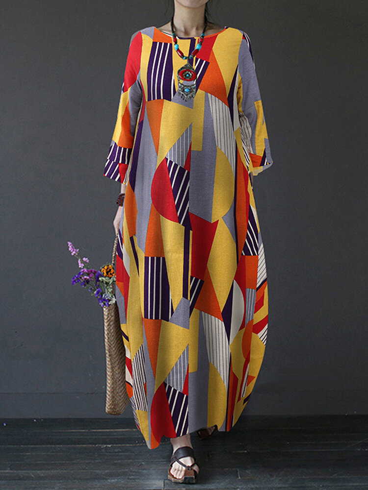 Losse, katoenen baggy maxi-jurk met lange mouwen, geometrisch print en lange mouwen