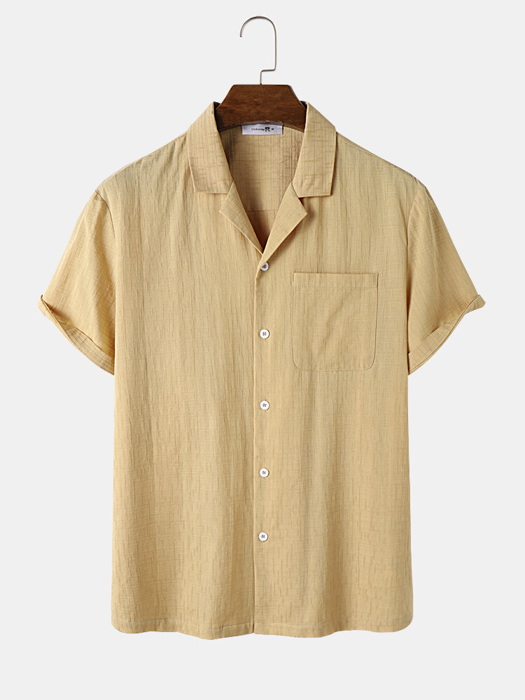 Mens Textured Revere Collar Solid Cotton Short Sleeve Shirts