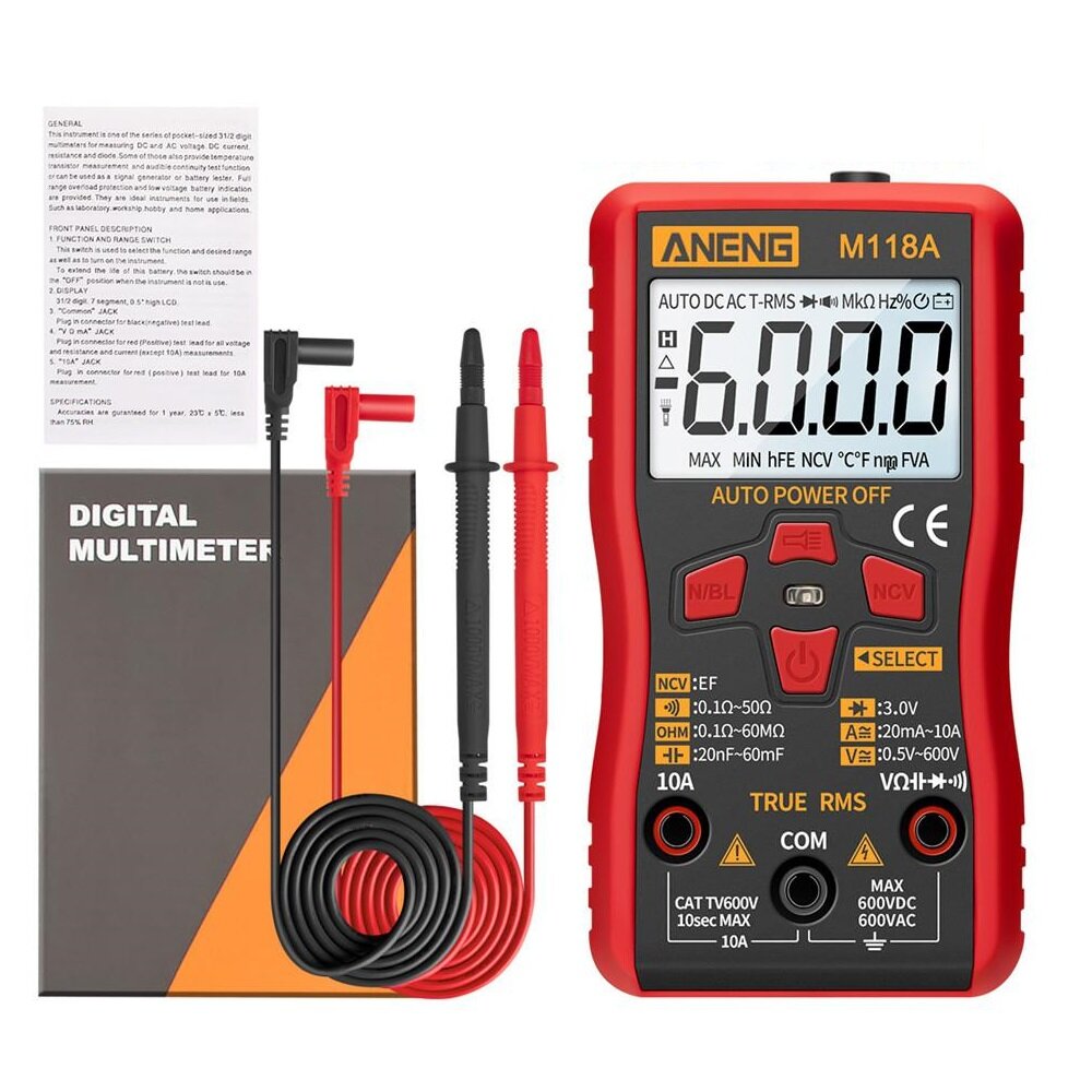 

ANENG M118A Digital Mini Multimeter Tester Auto Multimeter True Rms Transistor Meter with NCV Data Hold 6000 Counts Flas
