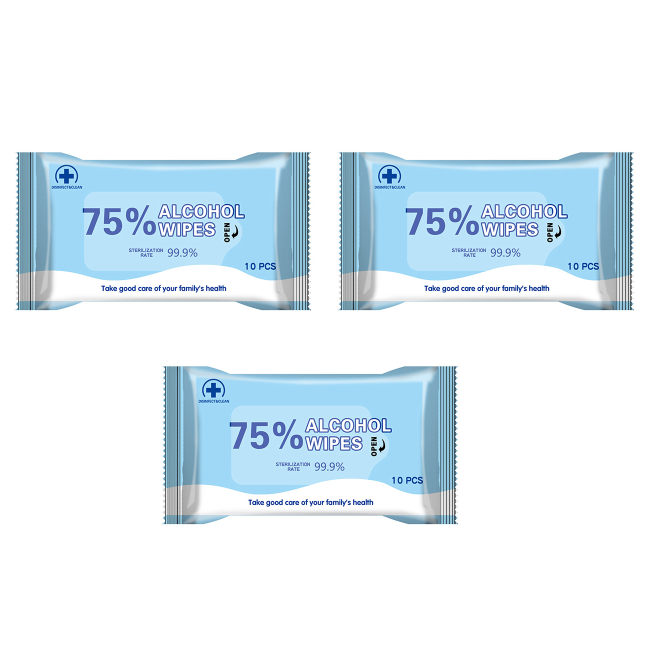 XINQING 3 csomag 10 db 75% orvosi alkoholos törlőkendő 99,9% antibakteriális fertőtlenítés Nedves törlőkendők tisztításhoz és sterilizáláshoz az irodában, otthon, az iskolában.