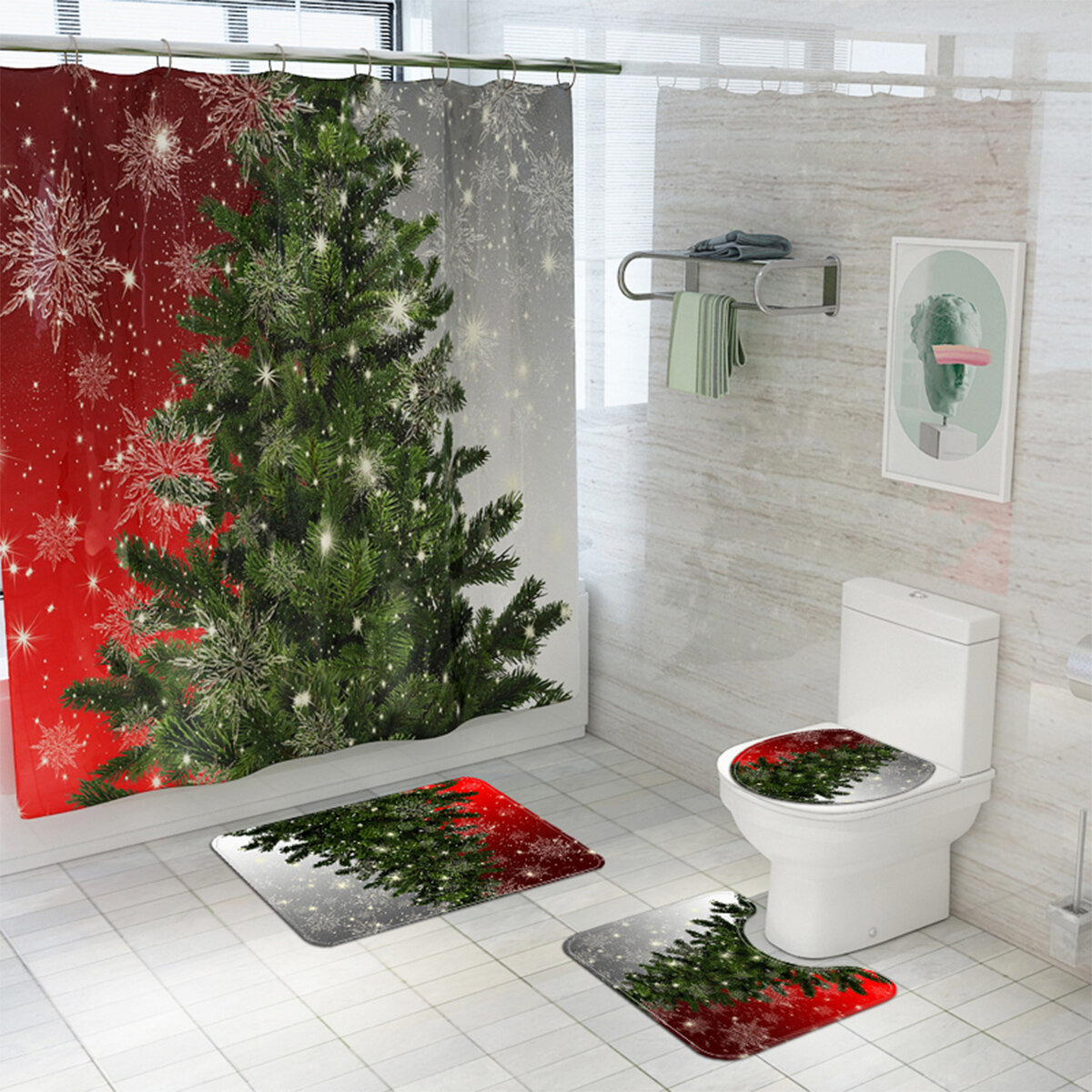 180x180CM Christmas Tree Shower Curtain Set Non-Slip Rugs Toilet Lid Cover Bath Mat Bathroom Decor S