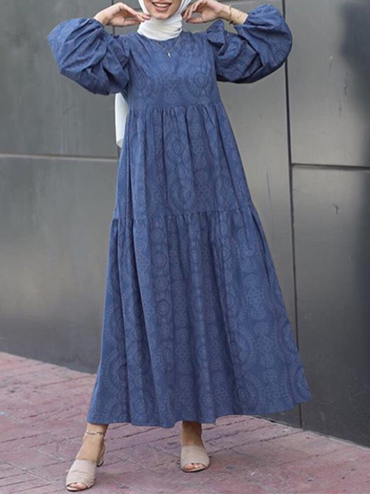 Women Vintage Print Puff Sleeve Tiered Swing Kaftan Maxi Dresses