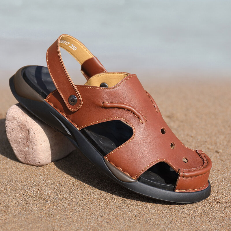 

Men Cowhide Two-ways Soft Sole Non Slip Closed Toe Slip On Casual Sandals