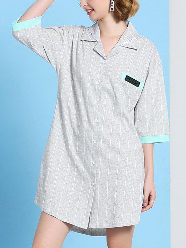 

Women Cotton Plain Vertical Stripes Half Sleeve Shirt Nightdress Pajamas With Pocket