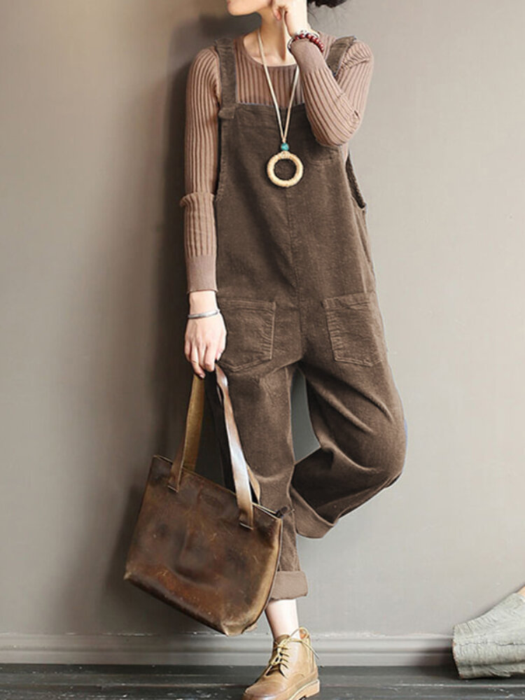 Corduroy Sleeveless Elastic Straps Casual Simple Front Pockets Jumpsuit For Women