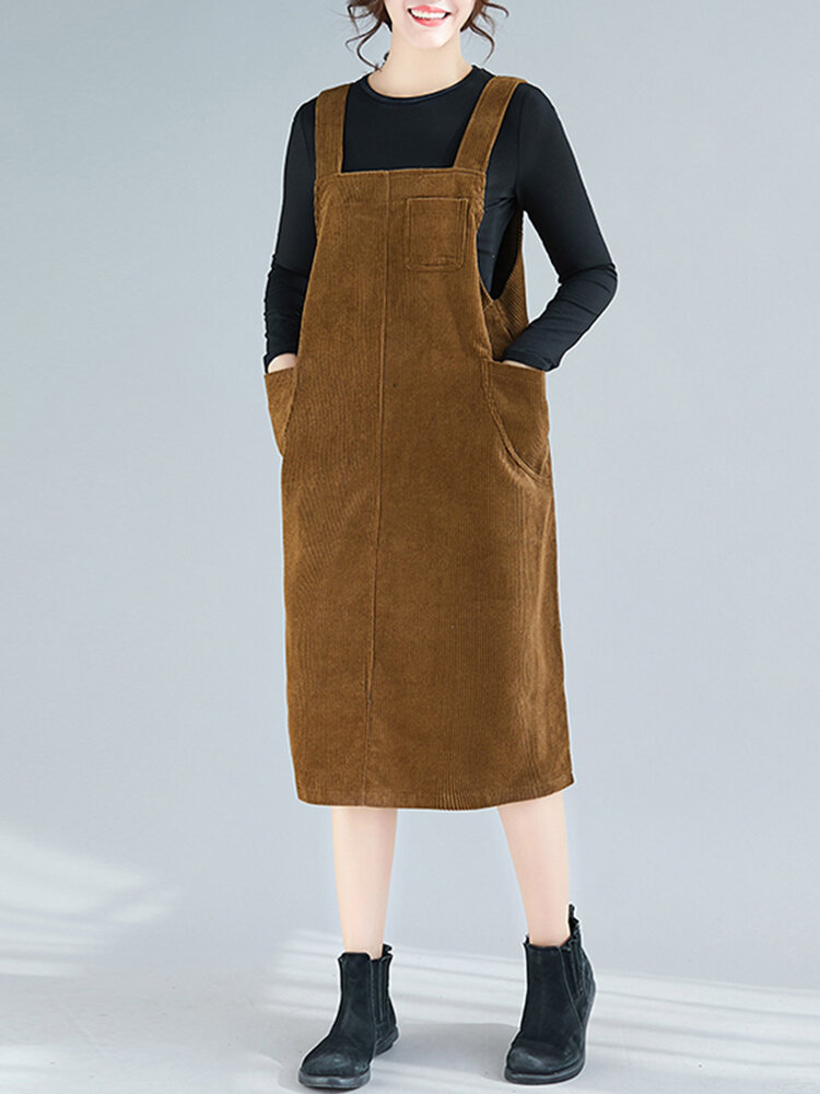 Daily Corduroy Stripe Adjustable Shoulder Strap Solid Sleeveless Dress for Women