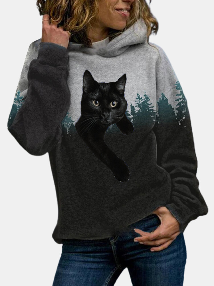 Women Black Cat Landscape Print Casual Plus Size Pullover Drawstring Hoodie