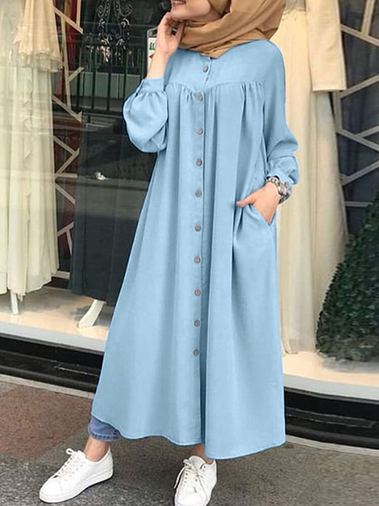 Solid Color Stand Collar Button Down Front Leisure Loose Maxi Dress with Side Pockets