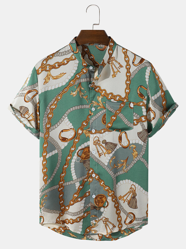 

Mens Casual Chain Baroque Print Pocket Henley Shirts