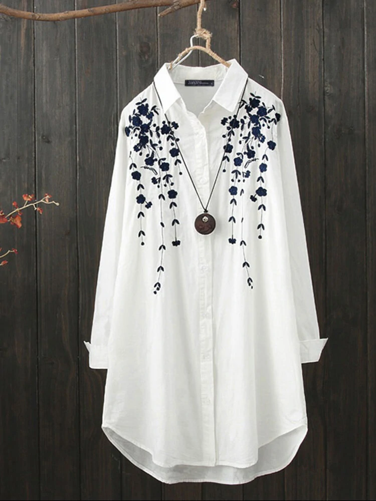 Print lapel collar high low hem white long sleeve button casual shirts for women