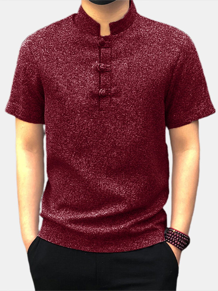 Mannen Casual Korte Mouw Stand Kraag Chinese Stijl Knop Shirts Kung Fu Tops Tee