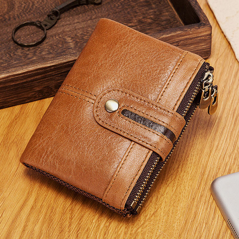 

Men Genuine Leather Bifold Zipper Hasp Retro Short RFID Anti-Theft Cowhide Card Holder Coin Wallet