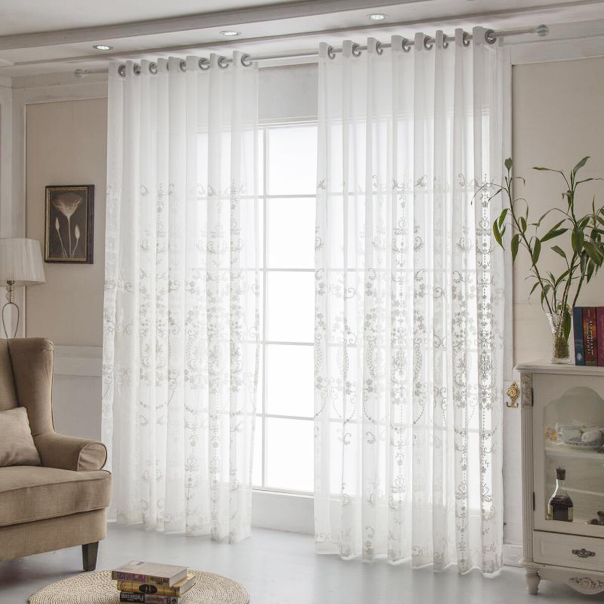 

2PCS White Floral Embroidery Net Curtain Tulle Voile Window Sheer For Living Room Bedroom