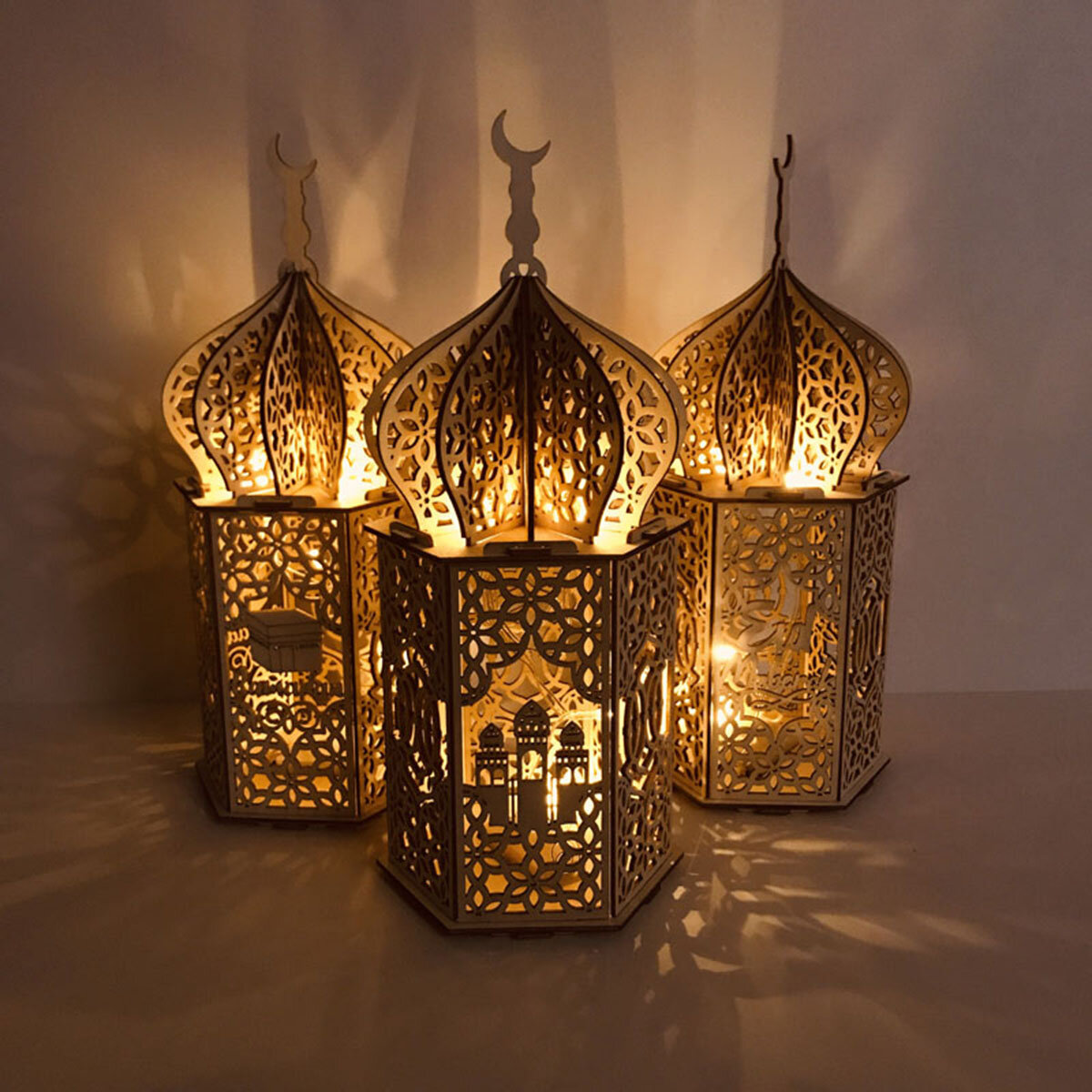 Islam Eid Ramadan Mubarak decoratie houten gouden LED lantaarn Basswood nachtlampje