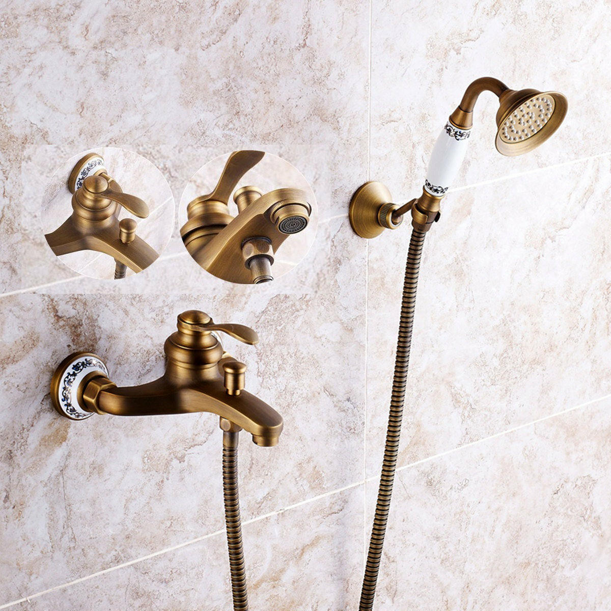 Antique Brass Shower Head Bathroom Tub Faucet Hand Held Tap Spray