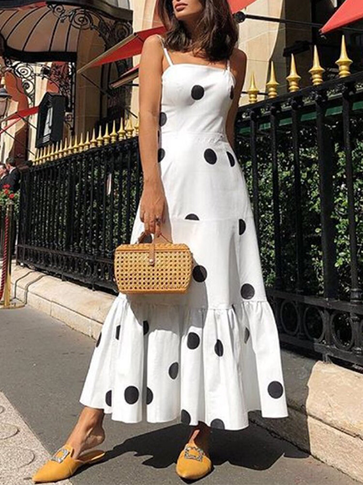 Bohemian Polka Dot Print Sleeveless Straps Pleating Holiday Casual Maxi Dress