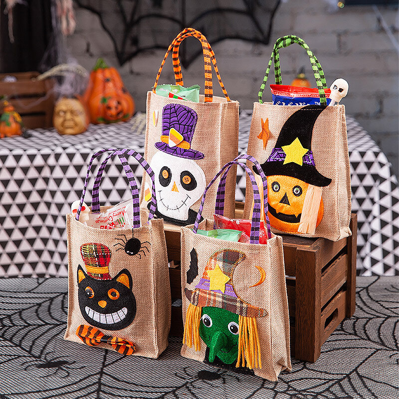 

Children Halloween Style Decoration Skull Pumpkin Witches Pattern Linen Casual Candy Sugar Carry Bag Handbag