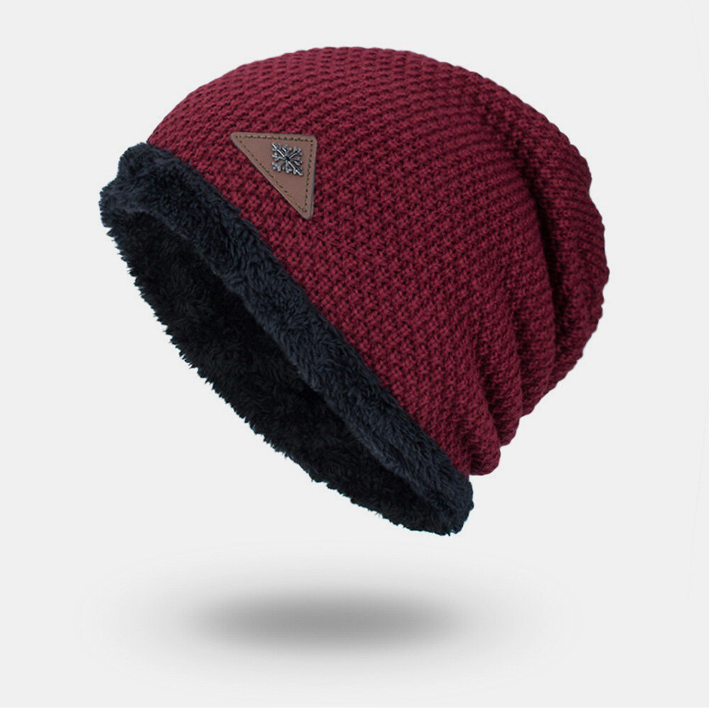 Men Knitted Hat Plus Velvet Thickened Metal Snowflake Leather Label Warmth Brimless Beanie Hat