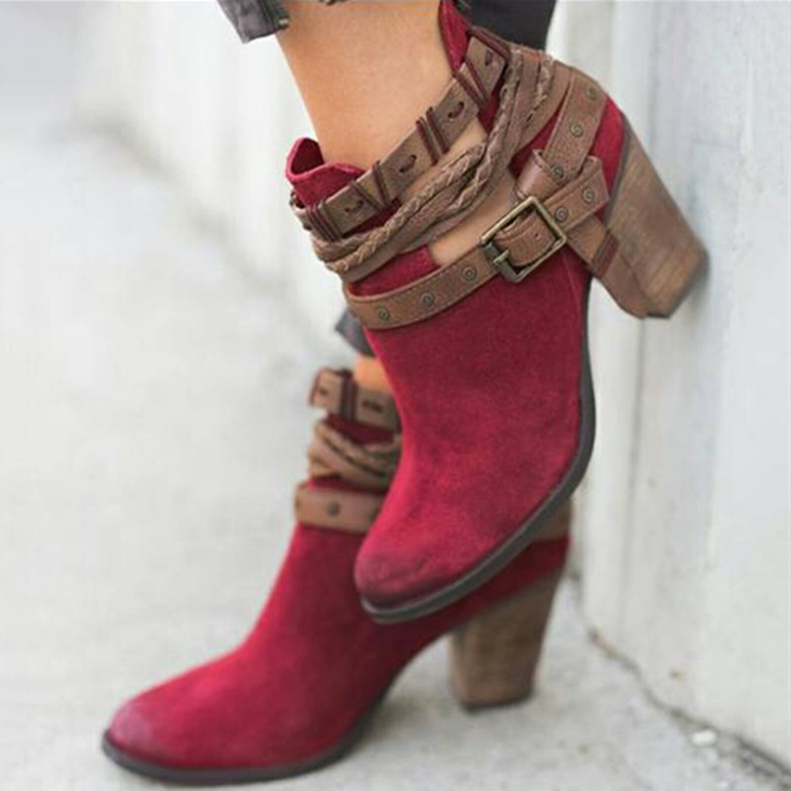 Women Comfortable Round Toe Braided Strap Back-Zip Buckle Casual Ankle Boots